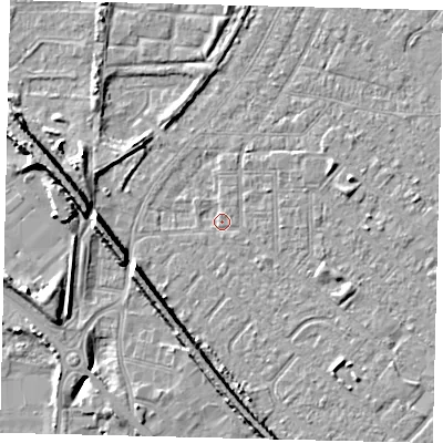 Shaded relief map of the ground around HU88TY, computed from Environment Agency LiDAR. The ground here sits at about 2 m above sea level and falls 9 m across the surrounding 800 m. Surface water reaching this point runs off ground lying to the south-east, 2.4 m higher.