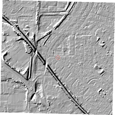 Shaded relief map of the ground around HU88TZ, computed from Environment Agency LiDAR. The ground here sits at about 2 m above sea level and falls 9 m across the surrounding 800 m. Surface water reaching this point runs off ground lying to the south-west, 6.2 m higher.