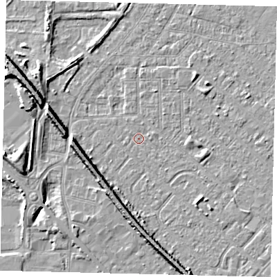 Shaded relief map of the ground around HU88UB, computed from Environment Agency LiDAR. The ground here sits at about 2 m above sea level and falls 9 m across the surrounding 800 m. Surface water reaching this point runs off ground lying to the east-north-east, 0.8 m higher.