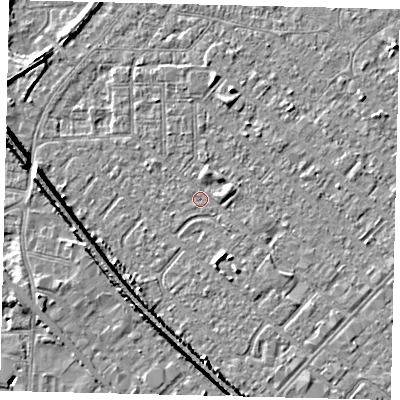 Shaded relief map of the ground around HU88UD, computed from Environment Agency LiDAR. The ground here sits at about 2 m above sea level and falls 9 m across the surrounding 800 m. Surface water reaching this point runs off ground lying to the south-south-east, 2.0 m higher.