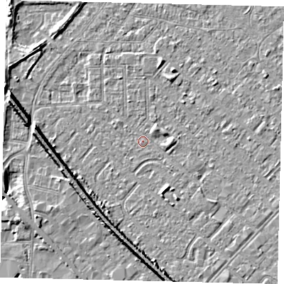 Shaded relief map of the ground around HU88UF, computed from Environment Agency LiDAR. The ground here sits at about 2 m above sea level and falls 9 m across the surrounding 800 m. Surface water reaching this point runs off ground lying to the south-south-east, 2.0 m higher.