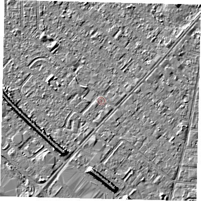 Shaded relief map of the ground around HU88UG, computed from Environment Agency LiDAR. The ground here sits at about 2 m above sea level and falls 7 m across the surrounding 800 m. Surface water reaching this point runs off ground lying to the east-south-east, 0.9 m higher.