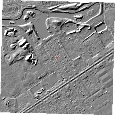 Shaded relief map of the ground around HU89AE, computed from Environment Agency LiDAR. The ground here sits at about 2 m above sea level and falls 7 m across the surrounding 800 m. Surface water reaching this point runs off ground lying to the south-south-east, 0.7 m higher.