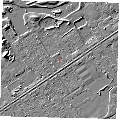 Shaded relief map of the ground around HU89AH, computed from Environment Agency LiDAR. The ground here sits at about 2 m above sea level and falls 7 m across the surrounding 800 m. Surface water reaching this point runs off ground lying to the south-south-east, 1.2 m higher.