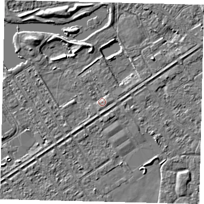 Shaded relief map of the ground around HU89AL, computed from Environment Agency LiDAR. The ground here sits at about 2 m above sea level and falls 4 m across the surrounding 800 m. Surface water reaching this point runs off ground lying to the south-east, 1.2 m higher.