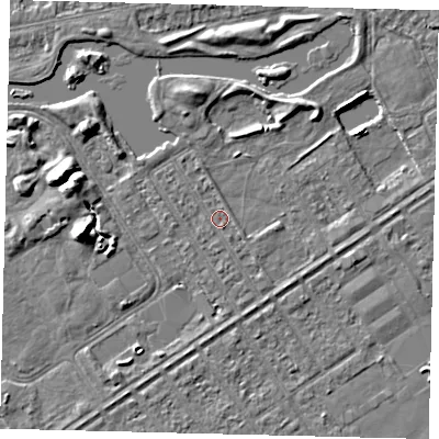 Shaded relief map of the ground around HU89AQ, computed from Environment Agency LiDAR. The ground here sits at about 2 m above sea level and falls 7 m across the surrounding 800 m. Surface water reaching this point runs off ground lying to the south-east, 1.2 m higher.