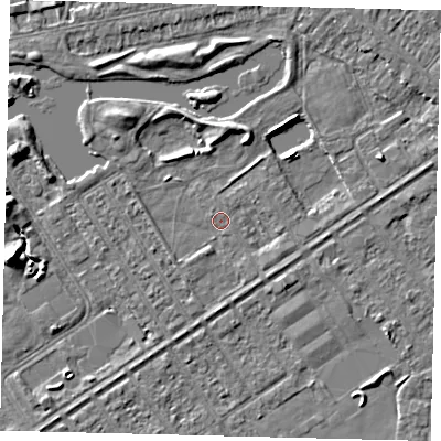 Shaded relief map of the ground around HU89AS, computed from Environment Agency LiDAR. The ground here sits at about 2 m above sea level and falls 7 m across the surrounding 800 m. Surface water reaching this point runs off ground lying to the south, 1.2 m higher.