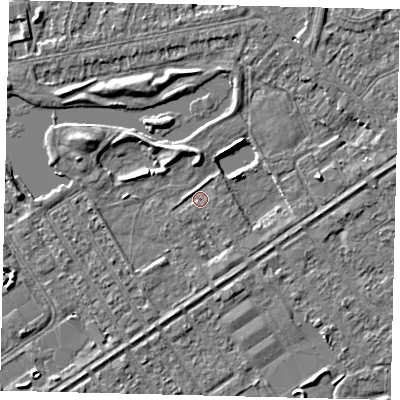 Shaded relief map of the ground around HU89AX, computed from Environment Agency LiDAR. The ground here sits at about 2 m above sea level and falls 4 m across the surrounding 800 m. Surface water reaching this point runs off ground lying to the east, 2.8 m higher.