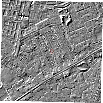 Shaded relief map of the ground around HU89BB, computed from Environment Agency LiDAR. The ground here sits at about 1 m above sea level and falls 6 m across the surrounding 800 m. Surface water reaching this point runs off ground lying to the north-north-east, 3.2 m higher.