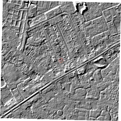 Shaded relief map of the ground around HU89BE, computed from Environment Agency LiDAR. The ground here sits at about 2 m above sea level and falls 6 m across the surrounding 800 m. Surface water reaching this point runs off ground lying to the south-south-east, 1.4 m higher.
