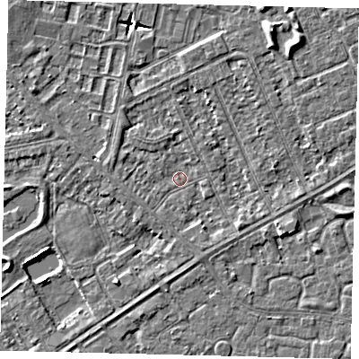 Shaded relief map of the ground around HU89BG, computed from Environment Agency LiDAR. The ground here sits at about 2 m above sea level and falls 6 m across the surrounding 800 m. Surface water reaching this point runs off ground lying to the south-south-east, 1.3 m higher.