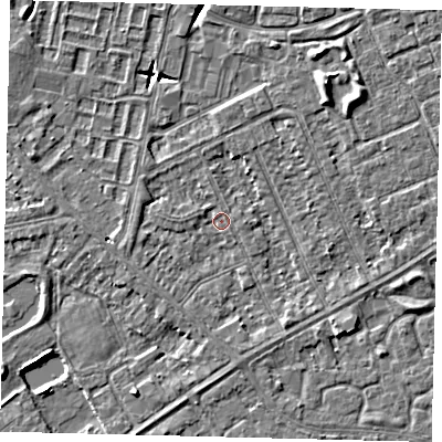 Shaded relief map of the ground around HU89BH, computed from Environment Agency LiDAR. The ground here sits at about 2 m above sea level and falls 6 m across the surrounding 800 m. Surface water reaching this point runs off ground lying to the south, 1.3 m higher.