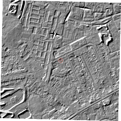 Shaded relief map of the ground around HU89BN, computed from Environment Agency LiDAR. The ground here sits at about 2 m above sea level and falls 6 m across the surrounding 800 m. The ground contributing surface water to this point lies to the west-south-west.