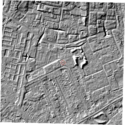 Shaded relief map of the ground around HU89BP, computed from Environment Agency LiDAR. The ground here sits at about 2 m above sea level and falls 7 m across the surrounding 800 m. The ground contributing surface water to this point lies to the west-south-west.