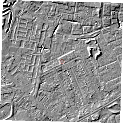 Shaded relief map of the ground around HU89BW, computed from Environment Agency LiDAR. The ground here sits at about 2 m above sea level and falls 7 m across the surrounding 800 m. Surface water reaching this point runs off ground lying to the east-north-east, 2.7 m higher.