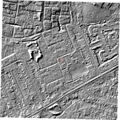 Shaded relief map of the ground around HU89DB, computed from Environment Agency LiDAR. The ground here sits at about 2 m above sea level and falls 6 m across the surrounding 800 m. Surface water reaching this point runs off ground lying to the west, 3.3 m higher.