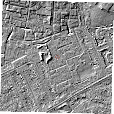 Shaded relief map of the ground around HU89DF, computed from Environment Agency LiDAR. The ground here sits at about 2 m above sea level and falls 7 m across the surrounding 800 m. Surface water reaching this point runs off ground lying to the north, 5.7 m higher.