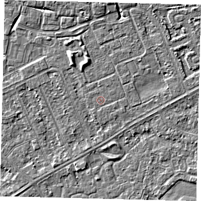 Shaded relief map of the ground around HU89DH, computed from Environment Agency LiDAR. The ground here sits at about 2 m above sea level and falls 6 m across the surrounding 800 m. The ground contributing surface water to this point lies to the north-north-east.