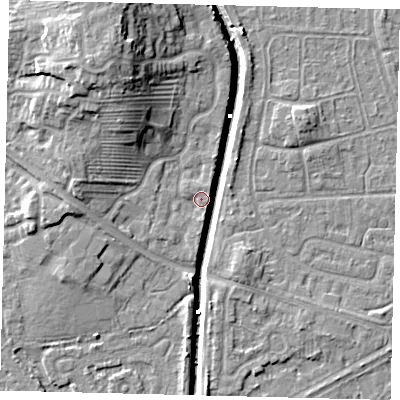Shaded relief map of the ground around HU89DL, computed from Environment Agency LiDAR. The ground here sits at about 3 m above sea level and falls 14 m across the surrounding 800 m. Surface water reaching this point runs off ground lying to the south, 1.2 m higher.