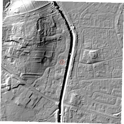 Shaded relief map of the ground around HU89DP, computed from Environment Agency LiDAR. The ground here sits at about 2 m above sea level and falls 14 m across the surrounding 800 m. Surface water reaching this point runs off ground lying to the west-north-west, 7.7 m higher.