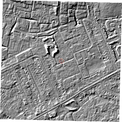 Shaded relief map of the ground around HU89DQ, computed from Environment Agency LiDAR. The ground here sits at about 2 m above sea level and falls 7 m across the surrounding 800 m. Surface water reaching this point runs off ground lying to the north-west, 2.1 m higher.