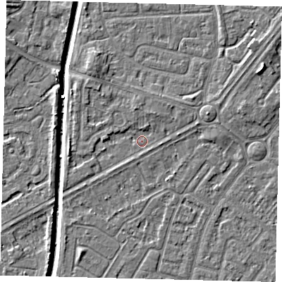 Shaded relief map of the ground around HU89EA, computed from Environment Agency LiDAR. The ground here sits at about 2 m above sea level and falls 7 m across the surrounding 800 m. Surface water reaching this point runs off ground lying to the north, 2.1 m higher.