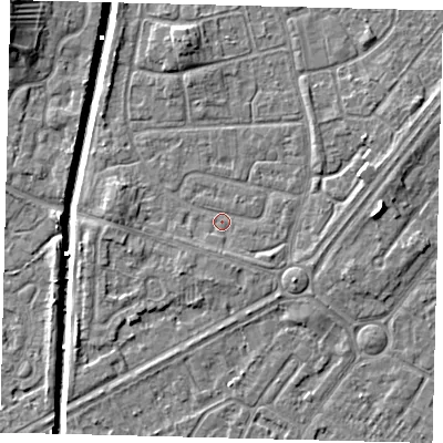Shaded relief map of the ground around HU89ES, computed from Environment Agency LiDAR. The ground here sits at about 2 m above sea level and falls 8 m across the surrounding 800 m. Surface water reaching this point runs off ground lying to the west, 1.9 m higher.