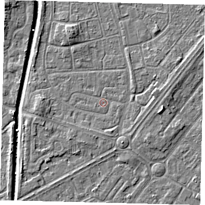 Shaded relief map of the ground around HU89ET, computed from Environment Agency LiDAR. The ground here sits at about 2 m above sea level and falls 7 m across the surrounding 800 m. Surface water reaching this point runs off ground lying to the east, 2.2 m higher.