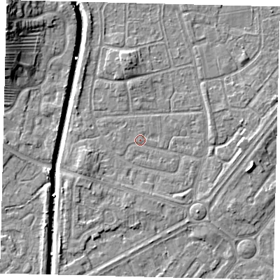 Shaded relief map of the ground around HU89EU, computed from Environment Agency LiDAR. The ground here sits at about 2 m above sea level and falls 13 m across the surrounding 800 m. Surface water reaching this point runs off ground lying to the east, 2.2 m higher.