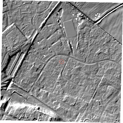 Shaded relief map of the ground around HU89FD, computed from Environment Agency LiDAR. The ground here sits at about 0 m above sea level and falls 12 m across the surrounding 800 m. Surface water reaching this point runs off ground lying to the south-south-east, 5.6 m higher.