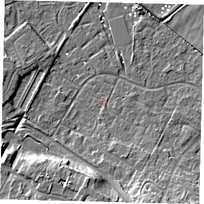 Shaded relief map of the ground around HU89FF, computed from Environment Agency LiDAR. The ground here sits at about 1 m above sea level and falls 12 m across the surrounding 800 m. Surface water reaching this point runs off ground lying to the south-south-east, 3.5 m higher.
