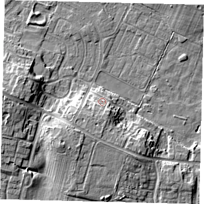 Shaded relief map of the ground around HU89JB, computed from Environment Agency LiDAR. The ground here sits at about 6 m above sea level and falls 11 m across the surrounding 800 m. Surface water reaching this point runs off ground lying to the south, 5.3 m higher.