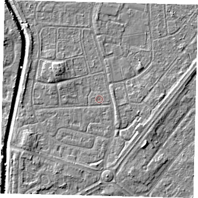Shaded relief map of the ground around HU89LT, computed from Environment Agency LiDAR. The ground here sits at about 2 m above sea level and falls 7 m across the surrounding 800 m. Surface water reaching this point runs off ground lying to the east-south-east, 1.1 m higher.