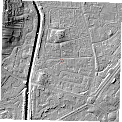Shaded relief map of the ground around HU89LU, computed from Environment Agency LiDAR. The ground here sits at about 2 m above sea level and falls 13 m across the surrounding 800 m. Surface water reaching this point runs off ground lying to the north, 3.1 m higher.