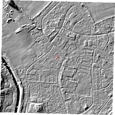 Shaded relief map of the ground around HU89NF, computed from Environment Agency LiDAR. The ground here sits at about 2 m above sea level and falls 9 m across the surrounding 800 m. Surface water reaching this point runs off ground lying to the north-north-east, 0.5 m higher.