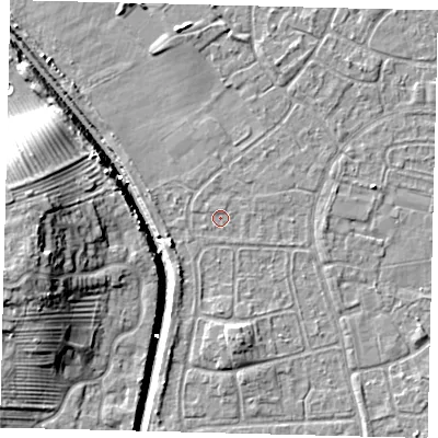Shaded relief map of the ground around HU89NG, computed from Environment Agency LiDAR. The ground here sits at about 2 m above sea level and falls 14 m across the surrounding 800 m. Surface water reaching this point runs off ground lying to the north-west, 0.5 m higher.