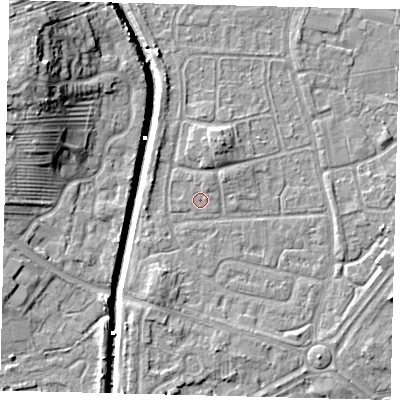 Shaded relief map of the ground around HU89NH, computed from Environment Agency LiDAR. The ground here sits at about 2 m above sea level and falls 14 m across the surrounding 800 m. Surface water reaching this point runs off ground lying to the north-north-east, 0.8 m higher.