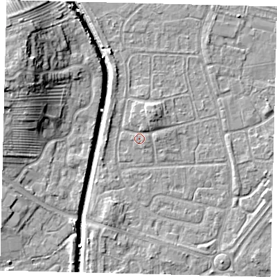Shaded relief map of the ground around HU89NL, computed from Environment Agency LiDAR. The ground here sits at about 3 m above sea level and falls 14 m across the surrounding 800 m. Surface water reaching this point runs off ground lying to the north-north-east, 2.5 m higher.