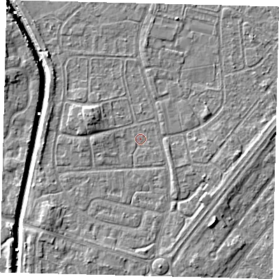 Shaded relief map of the ground around HU89NR, computed from Environment Agency LiDAR. The ground here sits at about 2 m above sea level and falls 7 m across the surrounding 800 m. Surface water reaching this point runs off ground lying to the west-north-west, 3.1 m higher.