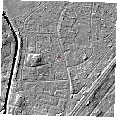 Shaded relief map of the ground around HU89NS, computed from Environment Agency LiDAR. The ground here sits at about 2 m above sea level and falls 7 m across the surrounding 800 m. Surface water reaching this point runs off ground lying to the west, 3.1 m higher.