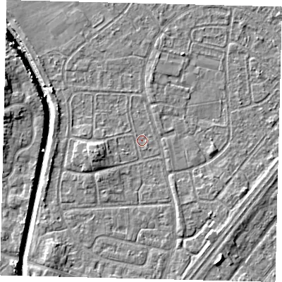 Shaded relief map of the ground around HU89NT, computed from Environment Agency LiDAR. The ground here sits at about 2 m above sea level and falls 7 m across the surrounding 800 m. Surface water reaching this point runs off ground lying to the west-south-west, 3.1 m higher.