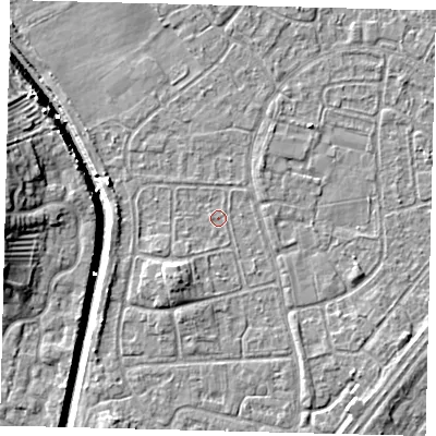 Shaded relief map of the ground around HU89NU, computed from Environment Agency LiDAR. The ground here sits at about 2 m above sea level and falls 9 m across the surrounding 800 m. Surface water reaching this point runs off ground lying to the south-south-west, 3.1 m higher.