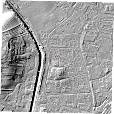 Shaded relief map of the ground around HU89NY, computed from Environment Agency LiDAR. The ground here sits at about 2 m above sea level and falls 14 m across the surrounding 800 m. Surface water reaching this point runs off ground lying to the south, 1.2 m higher.