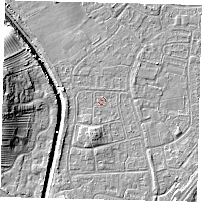 Shaded relief map of the ground around HU89NZ, computed from Environment Agency LiDAR. The ground here sits at about 2 m above sea level and falls 13 m across the surrounding 800 m. Surface water reaching this point runs off ground lying to the south, 3.1 m higher.