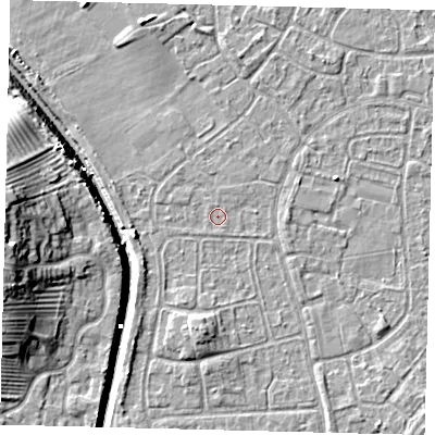 Shaded relief map of the ground around HU89PB, computed from Environment Agency LiDAR. The ground here sits at about 2 m above sea level and falls 13 m across the surrounding 800 m. Surface water reaching this point runs off ground lying to the east, 0.5 m higher.