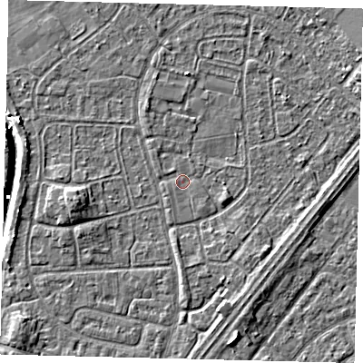 Shaded relief map of the ground around HU89PD, computed from Environment Agency LiDAR. The ground here sits at about 2 m above sea level and falls 7 m across the surrounding 800 m. Surface water reaching this point runs off ground lying to the south-east, 0.6 m higher.