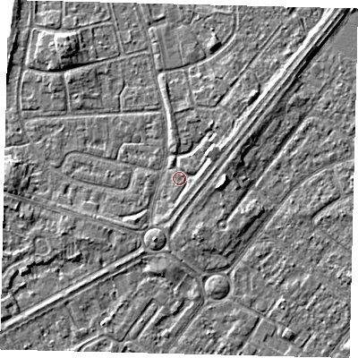 Shaded relief map of the ground around HU89PJ, computed from Environment Agency LiDAR. The ground here sits at about 3 m above sea level and falls 7 m across the surrounding 800 m. Surface water reaching this point runs off ground lying to the north-east, 1.6 m higher.
