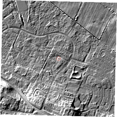 Shaded relief map of the ground around HU89PQ, computed from Environment Agency LiDAR. The ground here sits at about 1 m above sea level and falls 12 m across the surrounding 800 m. Surface water reaching this point runs off ground lying to the south, 1.3 m higher.