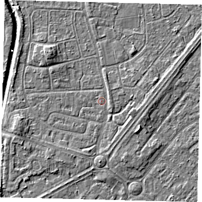 Shaded relief map of the ground around HU89PR, computed from Environment Agency LiDAR. The ground here sits at about 2 m above sea level and falls 7 m across the surrounding 800 m. Surface water reaching this point runs off ground lying to the north, 0.6 m higher.