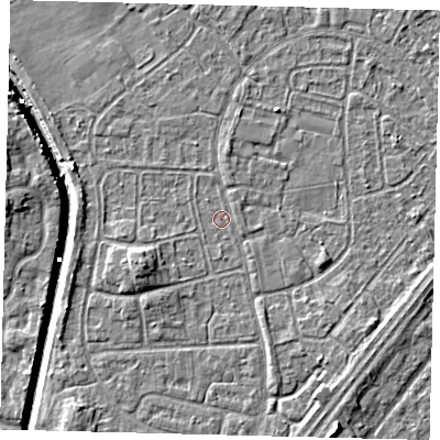Shaded relief map of the ground around HU89PT, computed from Environment Agency LiDAR. The ground here sits at about 2 m above sea level and falls 7 m across the surrounding 800 m. Surface water reaching this point runs off ground lying to the west-south-west, 3.1 m higher.